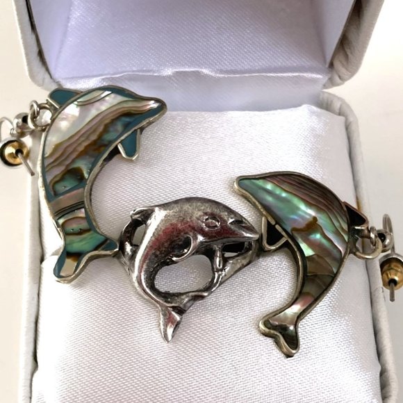 Swim with dolphins: sterling ring, abalone earrings + bonus charm/pendant - Picture 1 of 7